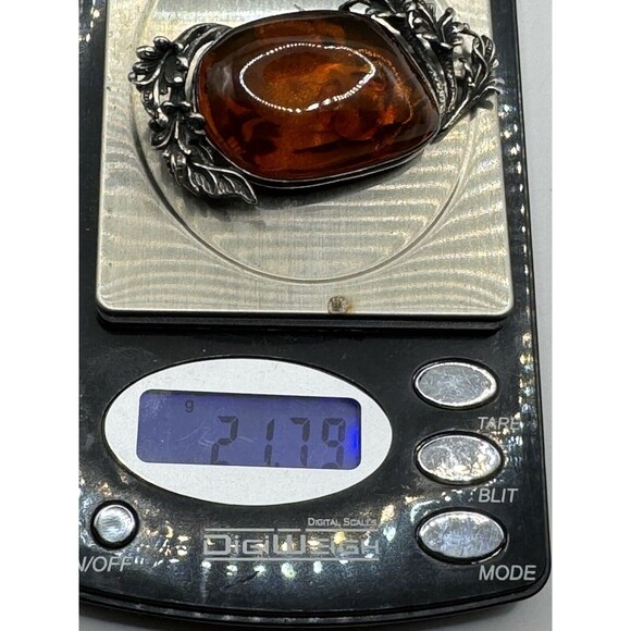 Vintage Sterling Silver Lily Flowers Surrounding Baltic Amber Brooch Pin Signed - Picture 11 of 12